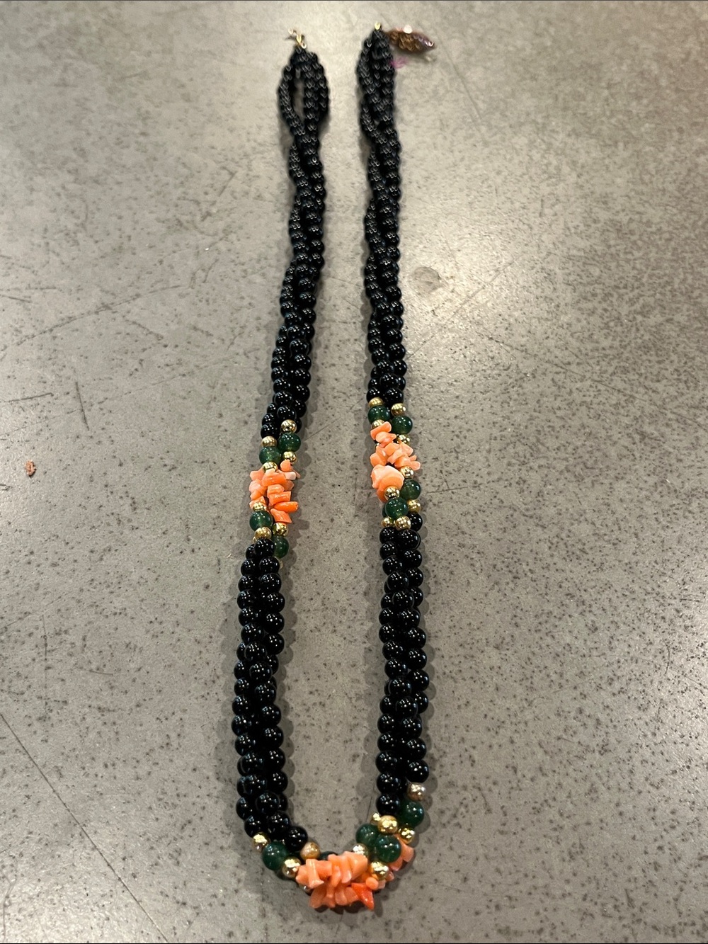 Vintage Multi Strand Black Beaded Necklace Coral-Color Stone Accents